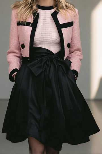 Black Pink 2-Piece Bow Tweed Skirt Suits With Pockets
